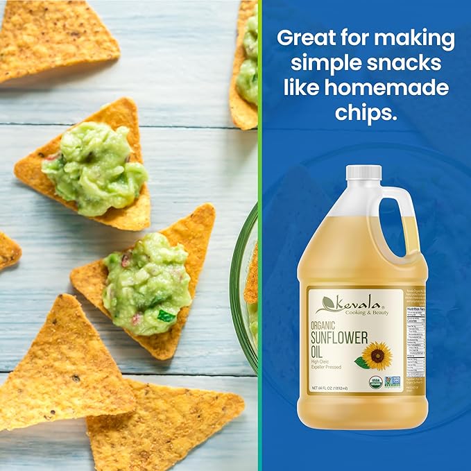 Kevala Organic Sunflower Oil - Oil for Cooking and Baking Processed in a Facility Free of Tree Nuts and Peanuts Good Carrier for Essential Oils Kitchen Pantry Staple for your Home 64 fl oz 1/2 gal