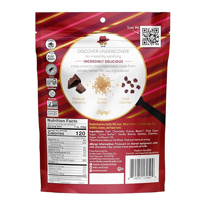 Undercover Chocolate Quinoa Crisps - Dark Chocolate + Cherries Quinoa Crisps | 8-Pack 2oz Bags | Gluten Free Nut-Free Allergen Friendly Kosher Plant-Based
