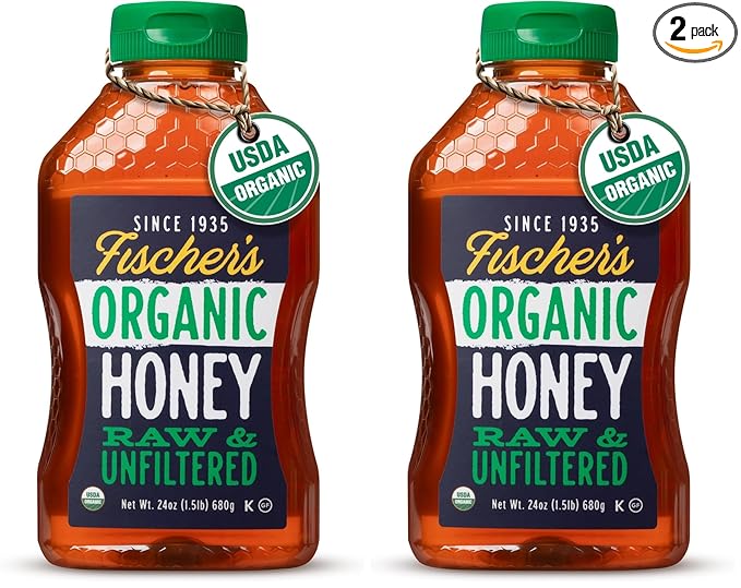 Fischer's 100% Organic Honey USDA Certified – Pure Raw &amp Unfiltered Honey – All-Natural Sweetener – Rich Flavor Profile Packed with Nutrients 24 Oz (Pack of 2)