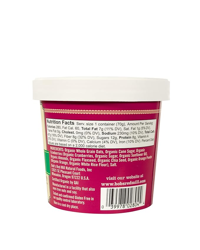 Bob's Red Mill Organic Oat Cup Cranberry Orange 1 cup (Pack of 12)- Non GMO Whole Grain Kosher