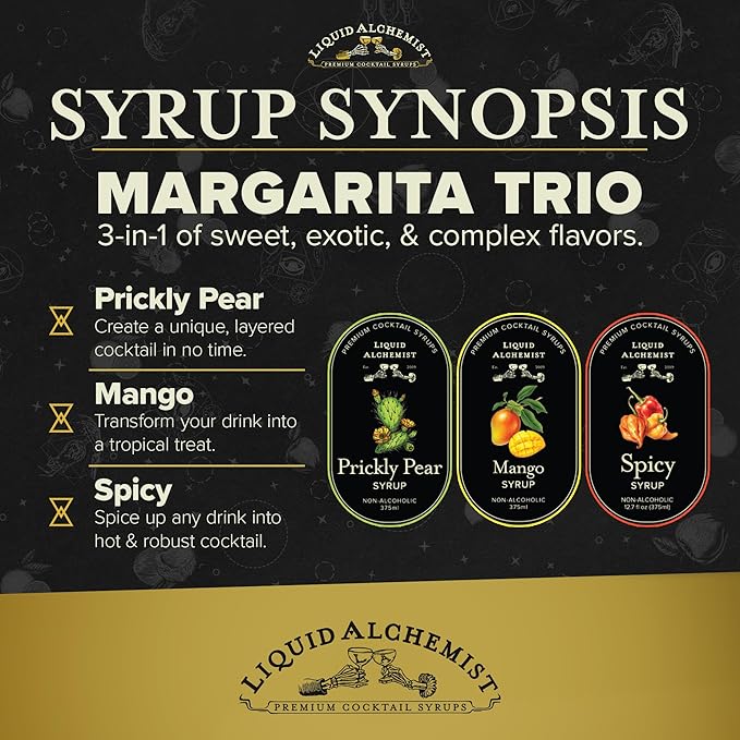 Liquid Alchemist Margarita Mix Trio Pack – Prickly Pear Mango &amp Spicy Syrup | Our Small Batch Margarita Mixers Use Real Ingredients Perfect for any Cocktail Syrup Enthusiast (3 Pack 12.7 oz Bott
