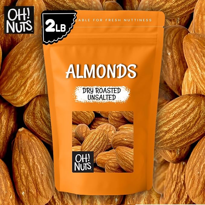 Oh! Nuts Almonds - Roasted Unsalted - 2 lb - Packed in New York Zip-Seal Bag for Exceptional Freshness