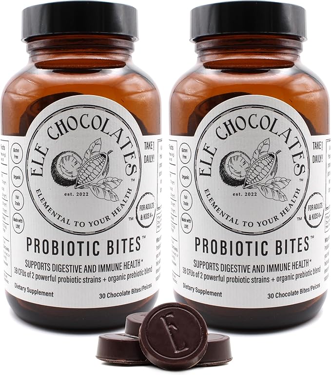 Dark Chocolate Daily Probiotic Supplement Bites 3 Billion CFUs for Digestive Gut Health Immune Support for Women Men and Kids 100% Natural and Organic Gluten-Free 2-Pack
