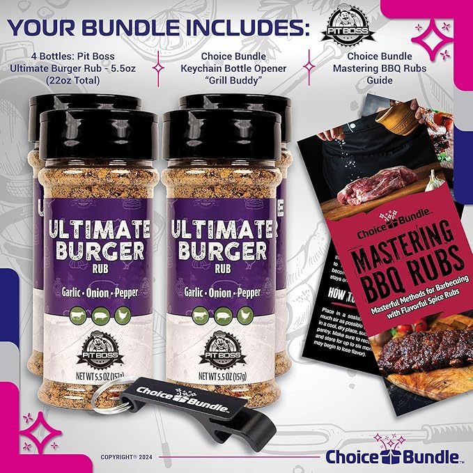 Pit Boss Ultimate Burger Premium BBQ Barbecue Mixed Seasoning Spice &amp Rub 4 pk Choice Bundle (22 oz) + Guide &amp Keychain Bottle Opener (6 Items)!