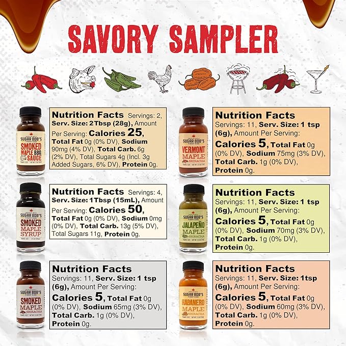 Sugar Bob's Finest Kind - Savory Maple Pantry 6 Flavor Variety Pack - Smoked Maple Syrup BBQ Sauce Maple Sriracha Hot Sauces &amp More - 2 oz Size