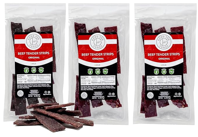Good Fod Foods Tender Beef Jerky Steak Strips – Low FODMAP Keto Snacks Gluten-Free Sugar-Free Jerky No Nitrites No Nitrates 100% USA Beef 3 Ounce Original 3 Pack