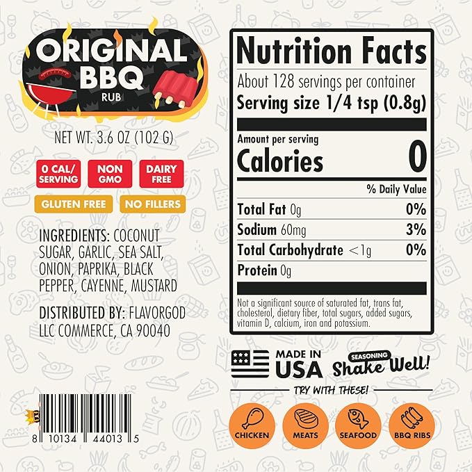 Flavor God 2 Bottles Original BBQ Rub Mix Natural Healthy Spice Blend For Grilling Chicken Wings Beef Pork Bacon Eggs Seafood Vegetables Salad Tacos Kosher Gluten &amp Dairy Free Steak