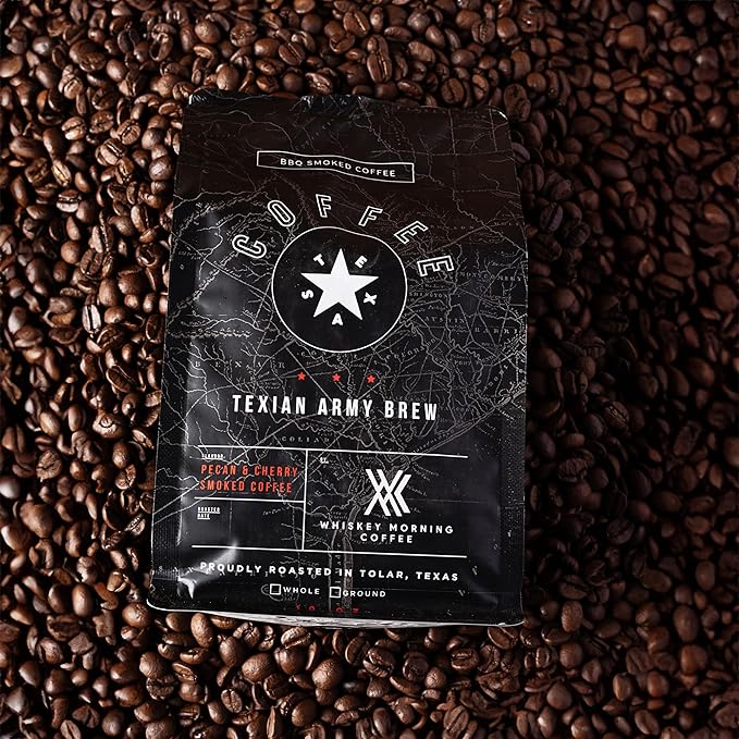 Whiskey Morning Coffee Texian Army Brew Double Smoked Ground Coffee Fire Roasted with Pecan Wood &amp Cold Smoked with Cherry Wood Small Batch Texas Roasted Bold &amp Smooth Medium Roast 10 oz