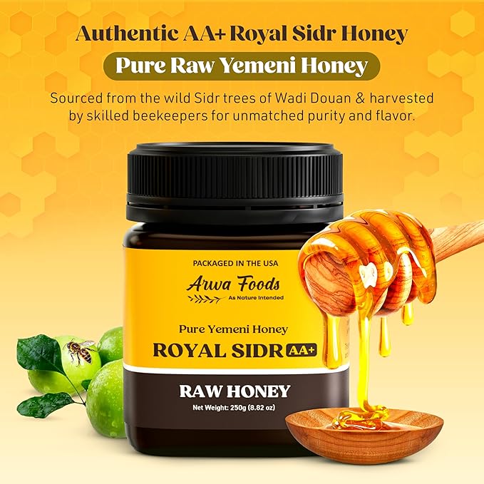 Arwa Foods Royal Sidr AA+ Raw Honey - Royal Yemeni Raw honey from Wadi of Douan - 100% Unfiltered Raw &amp Pure Honey - Sealed &amp Packaged in USA (8.82 oz)