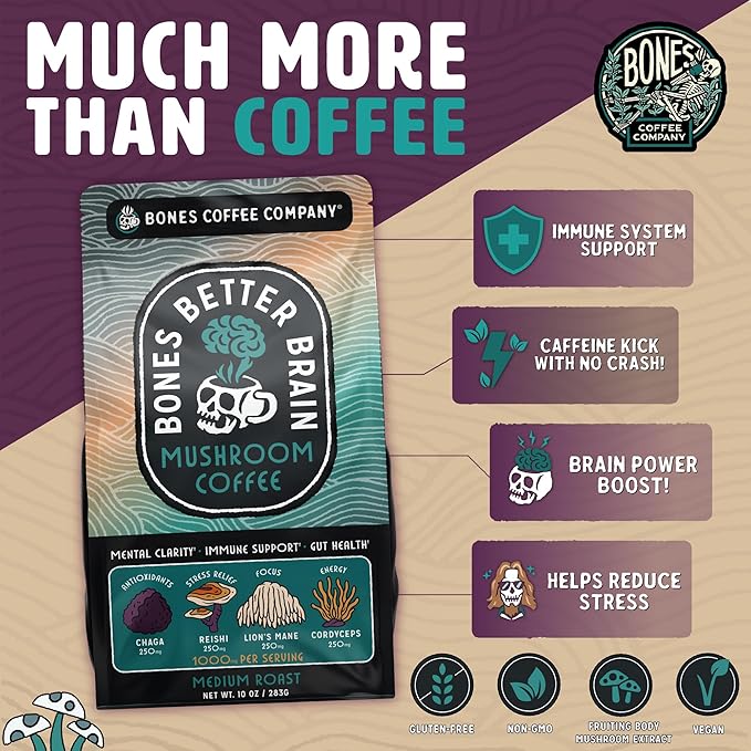 Bones Coffee Company Better Brain Mushroom Coffee Medium Roast &amp Dark Roast – Functional Coffee with Lion’s Mane &amp Chaga | Focus Energy &amp Clarity | Ground Coffee 2-Pack Virtual Bundle