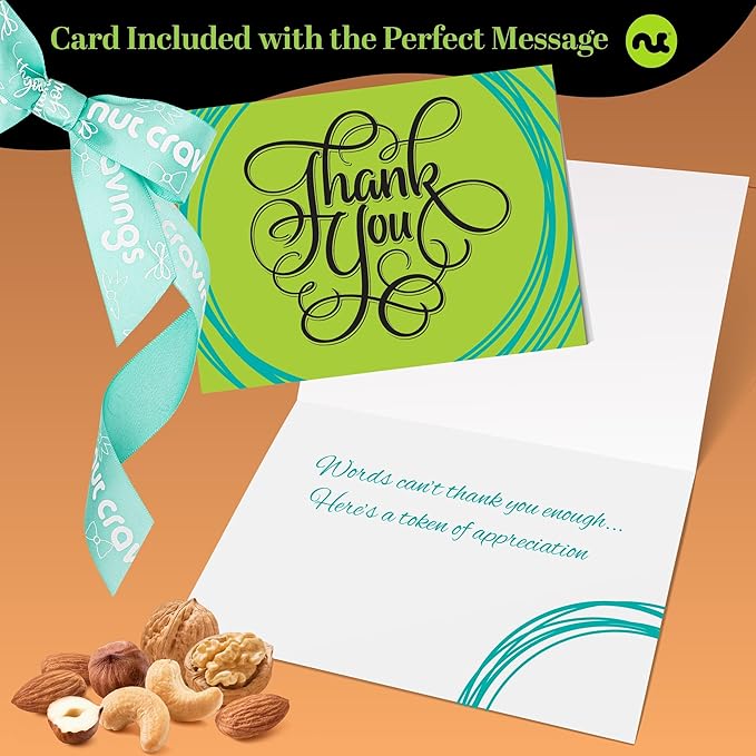 NUT CRAVINGS Gourmet Collection - Thank You Appreciation Nuts Gift Basket with TY Ribbon + Greeting Card in Reusable Wooden Tray (12 Assortments) Food Arrangement Healthy Snack Care Package
