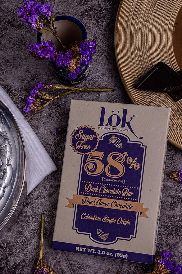 Lok Dark Chocolate Bar 58% Cacao | Sugar-Free Fair Trade Kosher Gluten Free Vegan Bean-to-Bar Lök | 3.0 Ounce 6 Pack