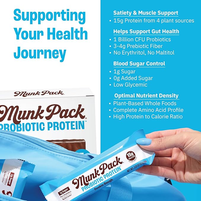 Munk Pack Cookie Dough Probiotic Keto Protein Bars | 15g Protein 1g Sugar 4g Net Carbs | Plant-Based Low Sugar Gut Health Snacks Gluten-Free Non-GMO | 12 Count