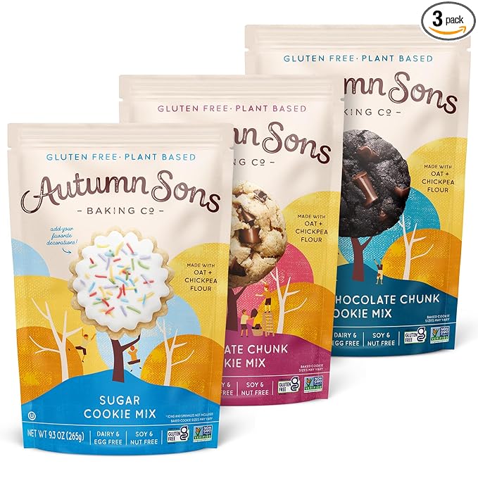 Autumn Sons Baking Co. Gluten Free Cookie Mix Variety Pack. Sugar Cookie Chocolate Chunk &amp Double Chocolate Chunk. Vegan Plant Based Baking Mix. Top 9 Allergen Free. 9.3 oz (Pack of 3)