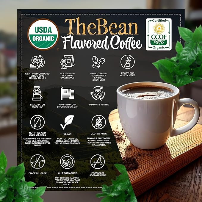 The Bean Organic Coffee Company Water Processed DECAF Chocolate Macadamia Nut Medium Roast Ground Coffee 16-Ounce Bag Café Molido Tostado Orgánico descafeinado
