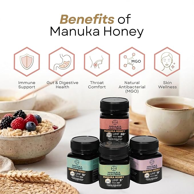 Manuka Hunters Raw New Zealand Honey Gift Set 4-Pack Honey Sampler with UMF 5+10+15+20+ (125g = 85ml Each) – 100% Pure Natural Sweetener - Ideal for Tea Coffee Smoothies Baking - Sustainable