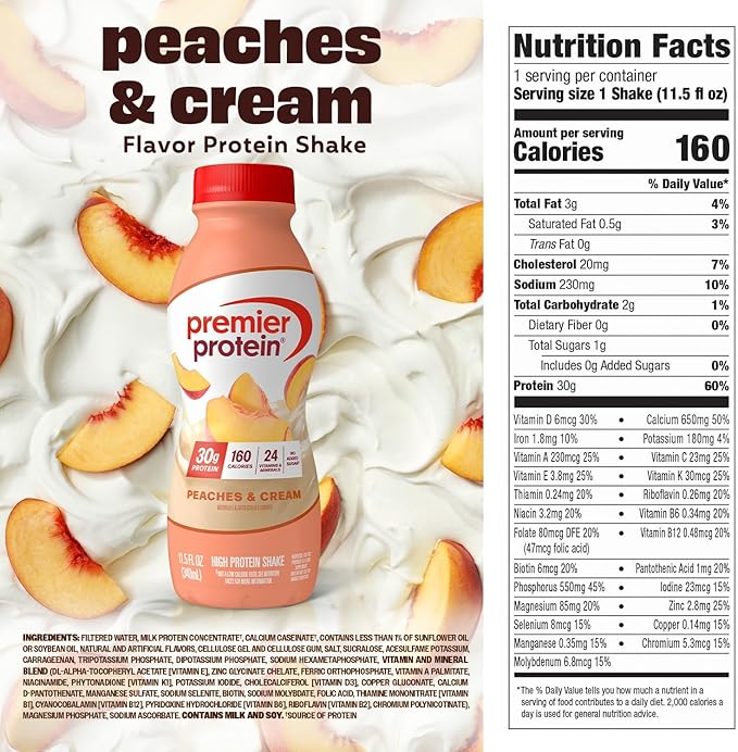 Premier Protein Shake Peaches &amp Cream 30g Protein No Added Sugar 24 Vitamins &amp Minerals to Support Immune Health 11.5 fl oz 12 Pack