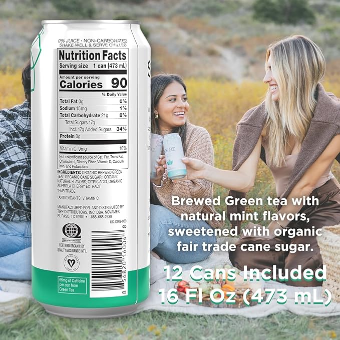 Steaz - Organic Green Tea - Mint (12 Pack) - Antioxidant Brew - 65mg Natural Caffeine 90 Calories Vitamin C - Cane Sugar Sweetened Iced Tea - Vegan Fair Trade - 12 Cans 16 fl oz (473mL)