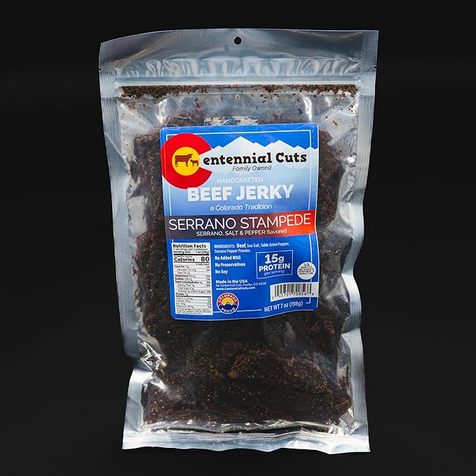 Centennial Cuts Beef Jerky – Serrano Stampede – High Protein Zero Sugar Zero Carbs Spicy Serrano Pepper Sea Salt and Black Pepper – 7 oz Snack