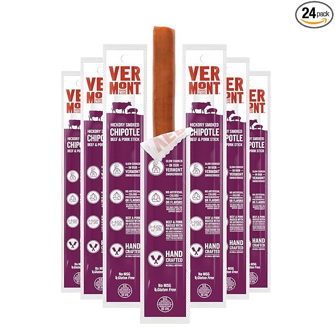 Snack Sticks by Vermont Smoke &amp Cure – Smoked Chipotle – Beef &amp Pork – Healthy Meat Protein – 1oz Jerky Stick – 24 count carton