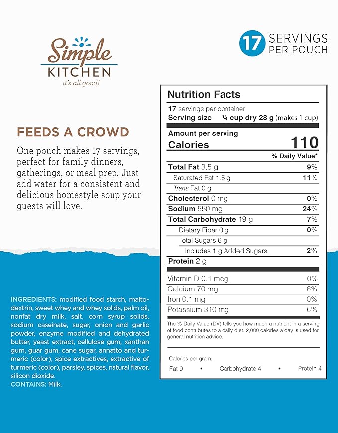 Simple Kitchen Cream Base Soup Mix - 17 Servings for Family Meal Prep Vegetarian Gluten Free Dehydrated &amp Freeze Dried Survival Food for Camping Meals Backpacking &amp Hiking Survival Kit P