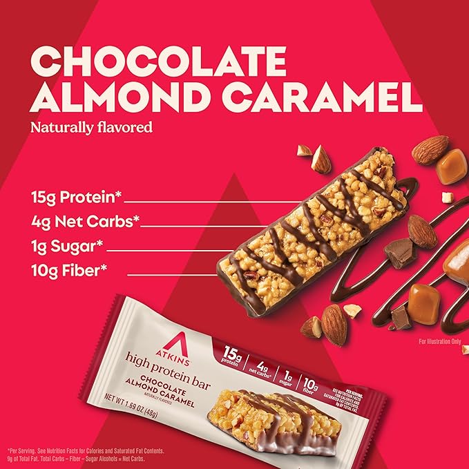 Atkins Chocolate Almond Caramel High Protein Bars Keto Snacks 15g Protein 3g Net Carbs 1g Sugar Gluten Free Protein Bars High Fiber Snacks Low Sugar 4 Count (Pack of 6)