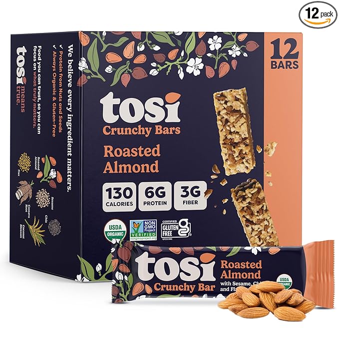 Tosi Nut Bars Almond Healthy Snacks for Adults &amp Kids Plant Based Crunchy Bars (5G Protein) Organic Keto Snacks Vegan Gluten &amp Soy Free Low Sugar Omega 3s 1oz 12-Pack