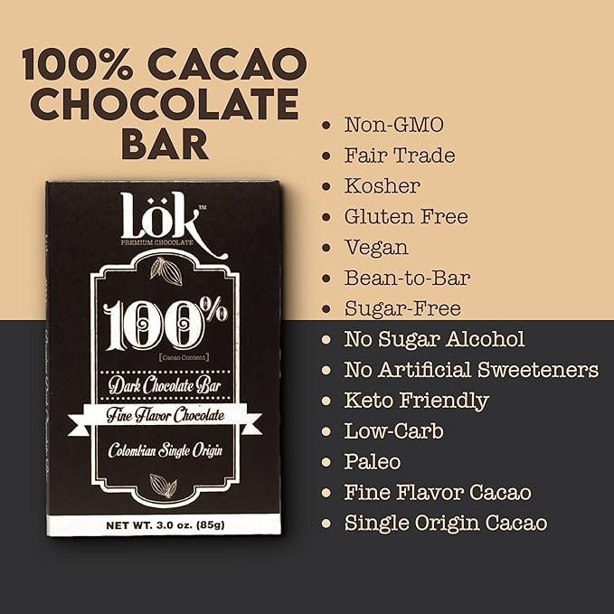 Lök Foods Dark Chocolate Bar 100% Cacao | Fair Trade Kosher Gluten Free Vegan Bean-to-Bar Sugar-Free No Sugar Alcohol No Artificial Sweetener Keto Friendly Low-Carb Paleo | 3.0 Ounce 3 Pack