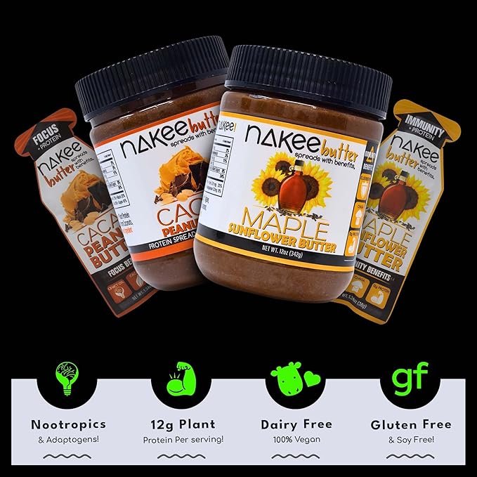 Nakee Butter Focus Cacao Peanut Butter – Keto Protein Spread with C8 MCT Oil12g Protein 48 Pack Gluten-Free
