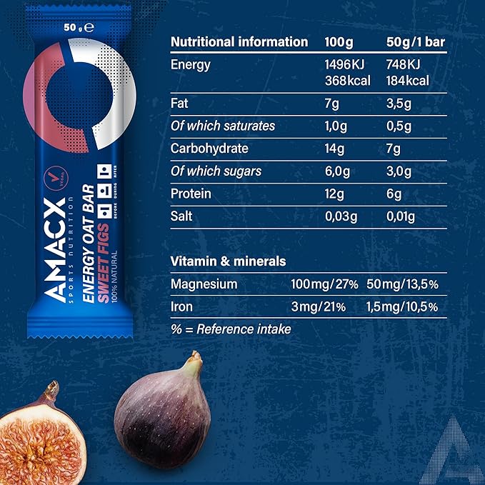 AMACX Energy Oat Bar for Endurance Sports – 12 x 50g – Energy Bars Carbohydrate mix (31g) – Vegan Protein Bar with 50mg magnesium – Running &amp Hiking Snacks – Healthy Oatmeal Power Bars - Sweet Fig