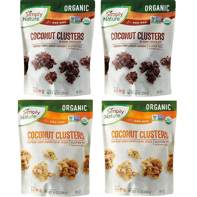 4-PACK ADDICTIVE DELICIOUS AND NUTRITIOUS Simply Nature Keto Coconut Clusters – 4-Pack Snack Mix – 2 Original + 2 Dark Chocolate – Low Carb Gluten-Free Healthy Crunchy Snack Plant-Based Addictiv