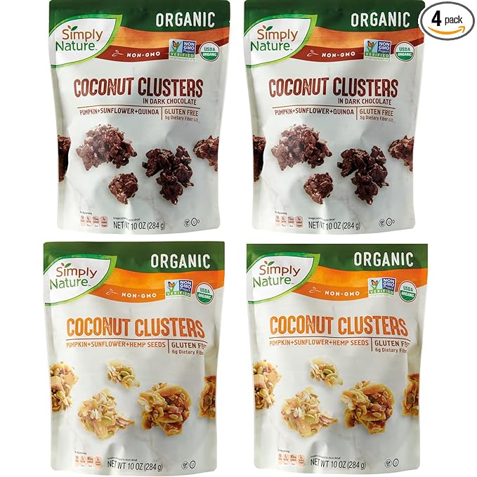 4-PACK ADDICTIVE DELICIOUS AND NUTRITIOUS Simply Nature Keto Coconut Clusters – 4-Pack Snack Mix – 2 Original + 2 Dark Chocolate – Low Carb Gluten-Free Healthy Crunchy Snack Plant-Based Addictiv
