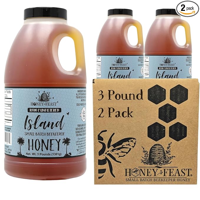 HONEY FEAST Island Honey 3 Pounds (Pack of 2) Raw &amp Unfiltered – Small-Batch Beekeeper’s Delight