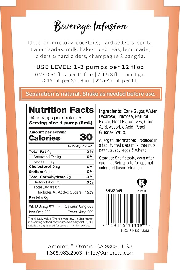 Amoretti - Peach Beverage Infusion 94 Servings Per Bottle (750 ml) - Drink Mix &amp Water Enhancer with Pump for Flavoring Cocktails Waters Teas and other Beverages Preservative Free
