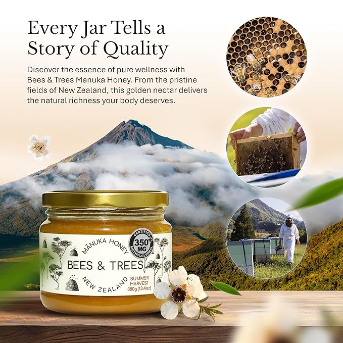 Bees &amp Trees Manuka Honey 350+ MGO - Raw Pure New Zealand Monofloral Honey – Unpasteurized &amp Natural Unfiltered Manuka for Tea Coffee Dressings Smoothies &amp Daily Use – Glass Jar 380g (