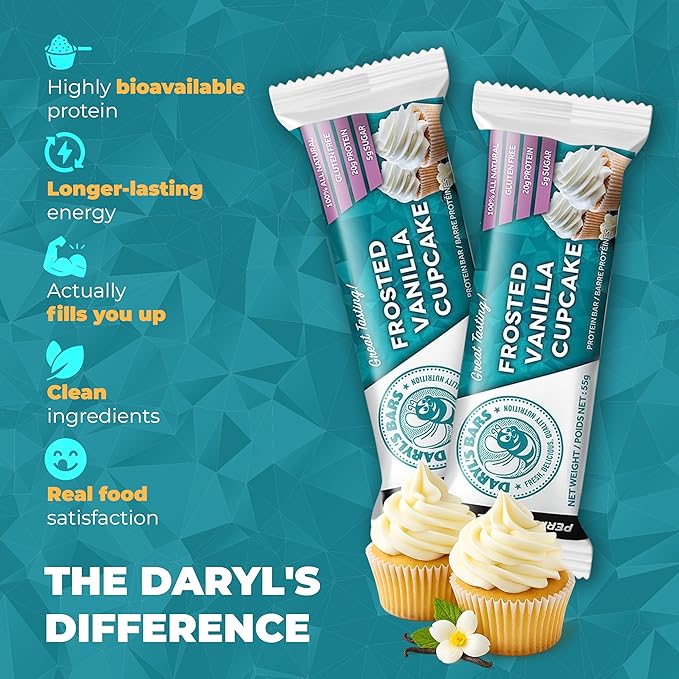 Daryl's Bars Frosted Vanilla Cupcake On the Go Whey Protein Bars Gluten Free 20gr of Protein Snack Meal Replacement Pack of 1