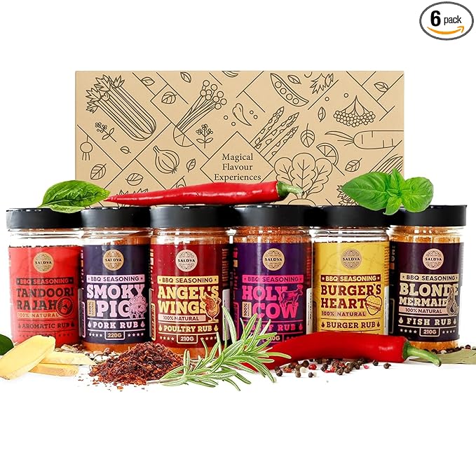 Gourmet Selection of Premium BBQ Seasonings - Holy Cow Angel’s Wings Smoky Pig Tandoori Rajah Burger's Heart &amp Blonde Mermaid BBQ Rubs | Pack of 6 | 100% Natural | Great Spices Gift For Foodie