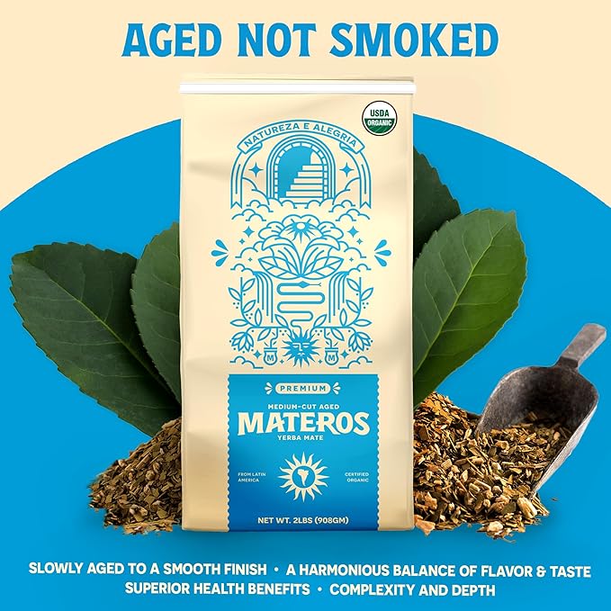 Materos Premium Loose Leaf Yerba Mate Tea - Organic Unsmoked Smooth Traditional Taste from South Brazil - Medium Cut Ideal Hot Drink for Cold Weather Pure Natural Energy &amp Focus - 2 LBs