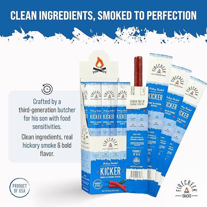 FireCreek Snacks Beef Sticks (Jerky Sticks) Hickory Smoked Beef &amp Pork Meat Sticks 20 Pack (1 oz) 7g Protein 1g Carbs Gluten Free Soy Free No MSG Kicker Spicy