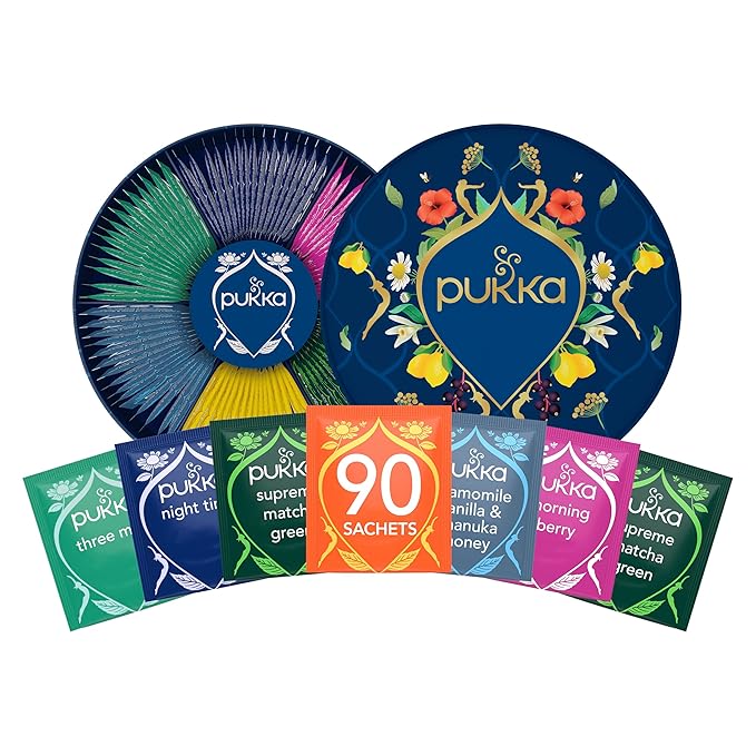 Pukka Luxury Herbal Tea Sampler Box Organic Tea For Everyday Wellness Ideal Gift Set for Special Occasions Holidays Birthdays &amp Anniversaries 90 Teabags 6 Premium Flavors Caffeine Free