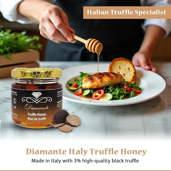 Diamante Italy Truffle Honey - Italian Luxurious Gourmet Flavored Honey with 3% Black Truffle - Ideal for Charcuterie Board &amp Cheese Plate - Non GMO &amp Made in Italy - 120g