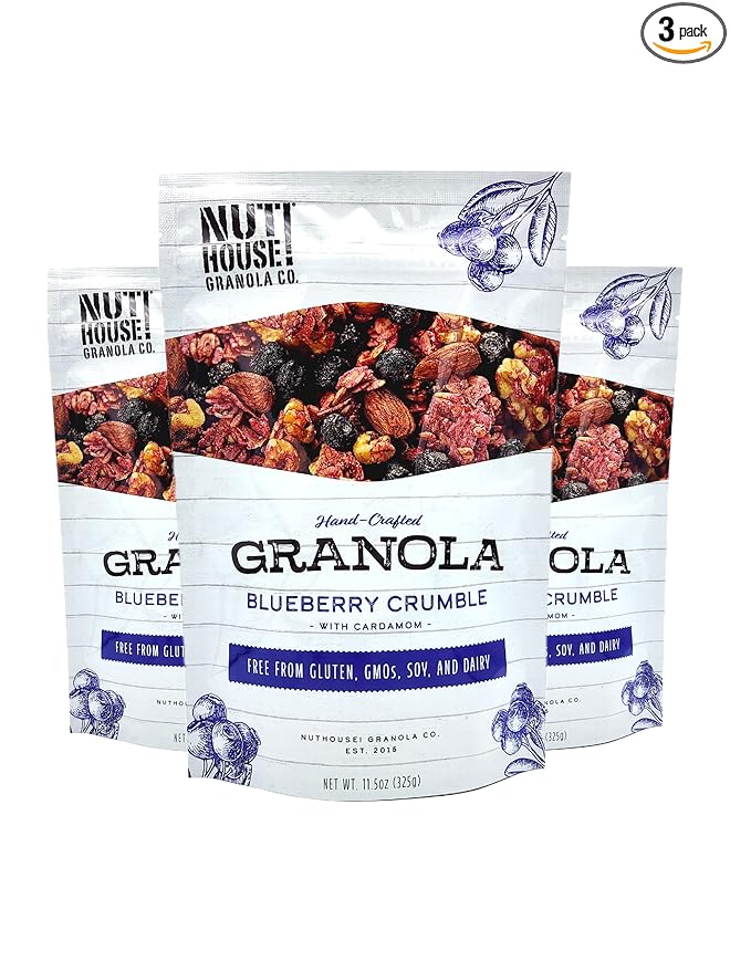 NutHouse! Granola Company - Premium Blueberry Crumble Granola | Certified Gluten-Free Non-GMO Kosher | Vegan Soy-Free | 11.5 oz. Bag (3-Pack)
