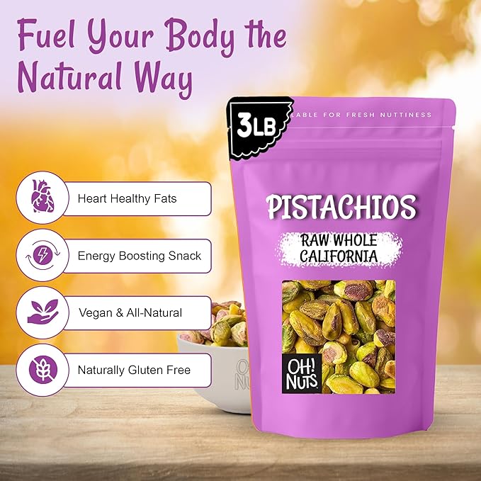 Oh! Nuts Pistachios No Shell - Raw - 100% Natural - 3 lb - Raw Whole California Pistachios - Packed in New York Zip-Seal Bag for Exceptional Freshness