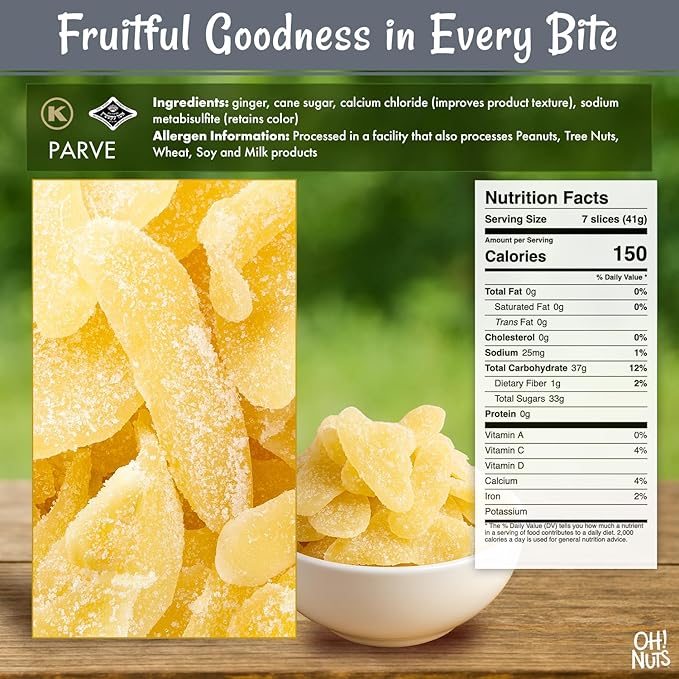 Oh! Nuts Ginger Candy - 4 lb - Dried Fruit Slices - with Crystallized Sugar Candied Coating - Dehydrated Fruit Bites - Packed in New York Zip-Seal Bag for Exceptional Freshness