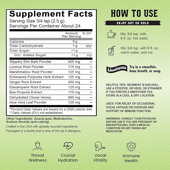Vocal Eze Herbal Throat Coat Tea | 24 Servings | 9 Botanical Voice Soothing Ingredients | Ginger Flavor with Slippery Elm and Propolis Powder Blend | Voice Cough and Respiratory Support | 60 g