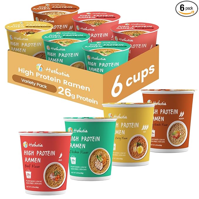 Hethstia High Protein (26g) Ramen Cup Noodles 6 Count Plant-Based Vegan Noodle Variety Pack - Chicken Spicy Beef Kimchi Curry | Non-Fried Low Sugar Low Fat | Ready to Eat Healthy Asian Meal