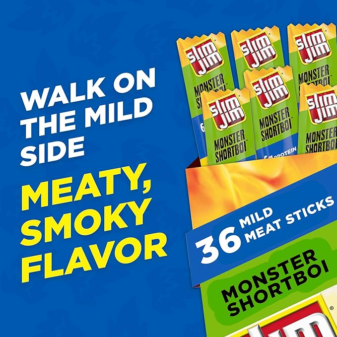 Slim Jim Shortboi Smoked Meat Sticks Mild Flavor 6g Protein Per Stick Easter Basket Stuffer for Men 0.97 oz. (36-Count)