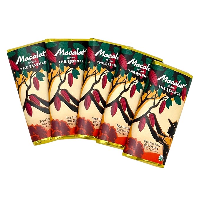 Macalat The Essence Bar Sugar-Free Sweet Dark Chocolate 70% Peruvian Organic Cacao Sweet and Bitter-Free Allulose and Monkfruit Chocolate Bar Keto and Low-Carb Friendly 1.5 oz (5 Bar Case)