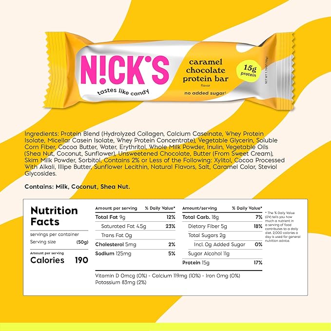 Nick’s Protein Bars Chocolate Caramel – 12-Count Box | Protein-Packed Snack Low Calories Low Carbs Keto Friendly No Added Sugar (12 bars x 50g)