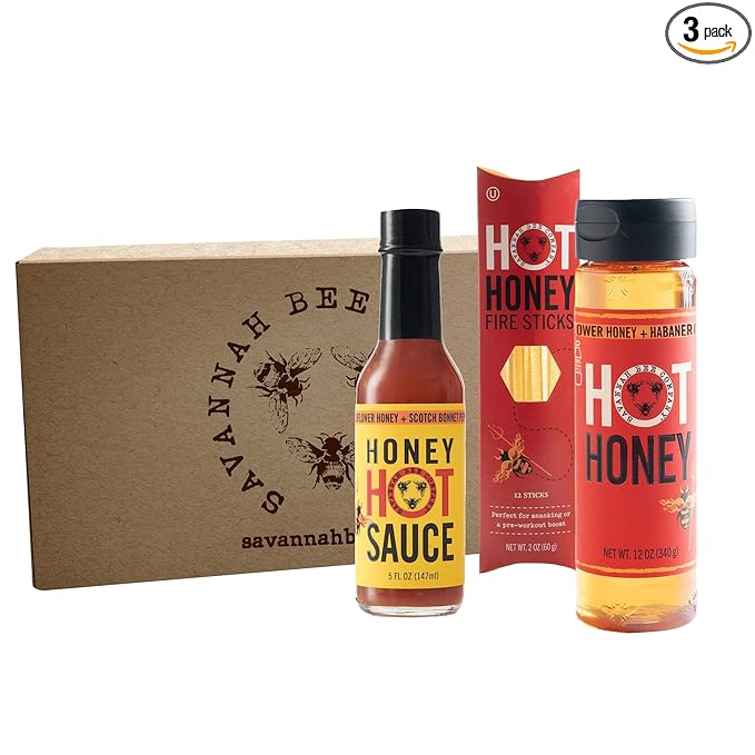 Savannah Bee Company Hot Honey Box Gift Set - Award-Winning Honey Collection - Includes Hot Honey Sauce and Fire Sticks - Perfect Gourmet Gift for Spice Lovers